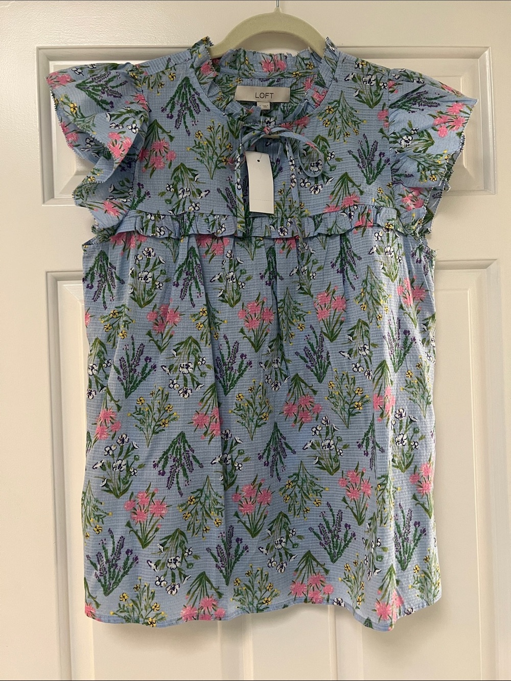 LOFT Light Blue Floral Ruffle Tie-Neck Top